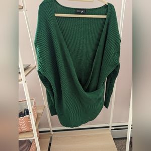 Ribbed Crossover/faux wrap Sweater in Green
